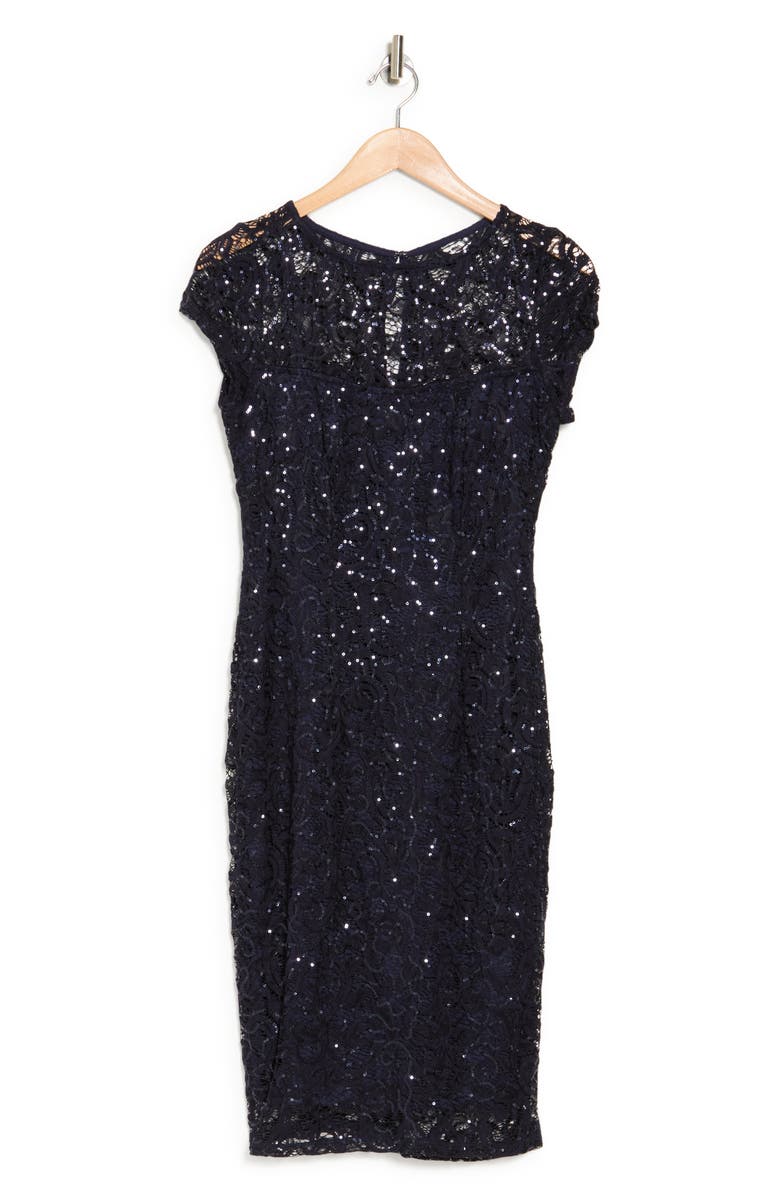Marina Sequin Lace Cap Sleeve Sheath Dress, Alternate, color, Navy