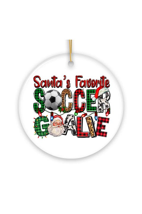 Santa Soccer Goalie Buffalo Plaid Ceramic Ornament