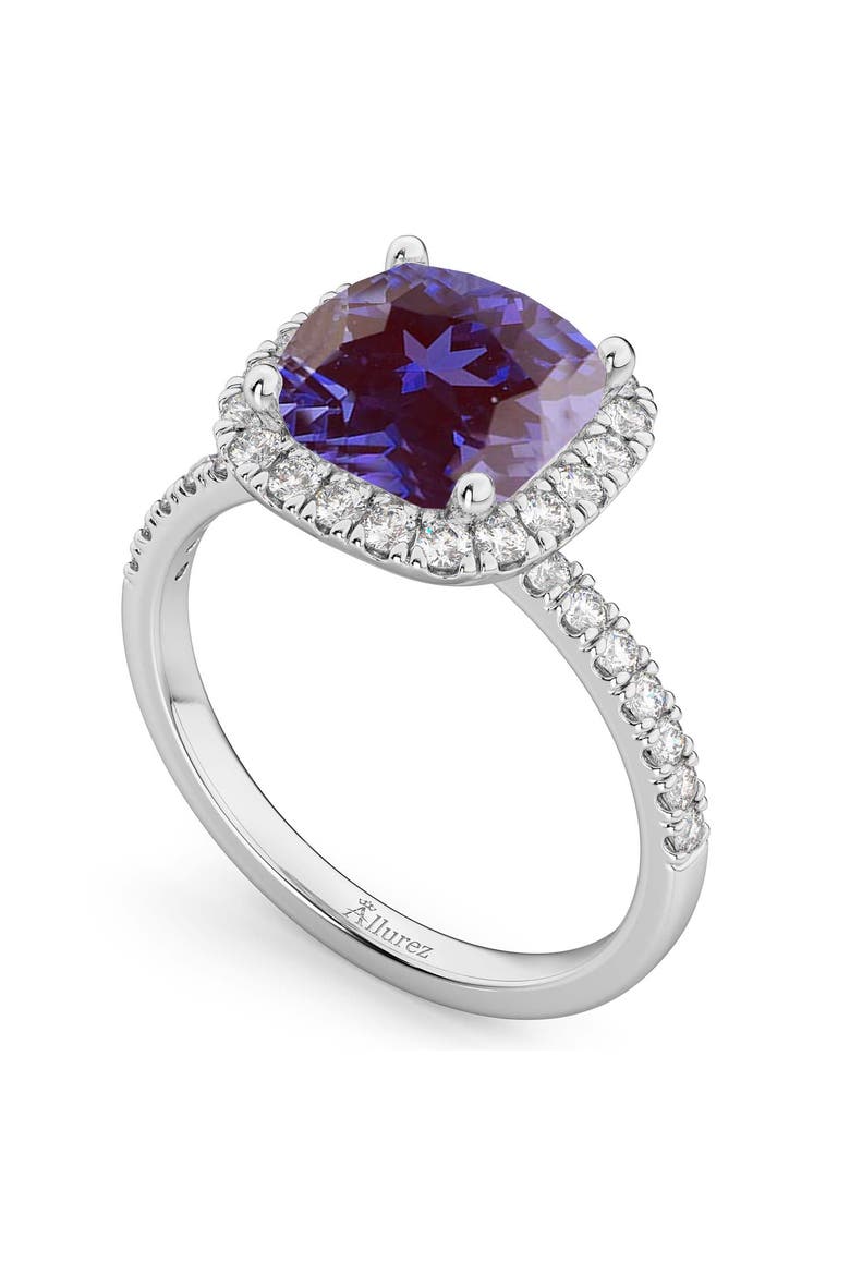 Cushion Cut Halo Lab Alexandrite & Diamond Engagement Ring 14k, Alternate, color, 3.11ct/White Gold