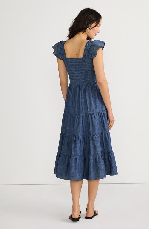 LANDS' END LANDS' END CHAMBRAY SMOCKED DRESS WITH RUFFLE STRAPS 