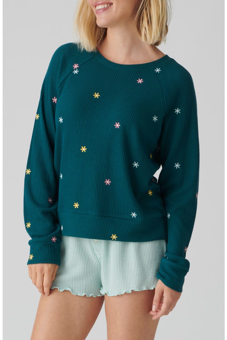 Take it Easy Embroidered Waffle Knit Pajama Top, Alternate, color, TEAL