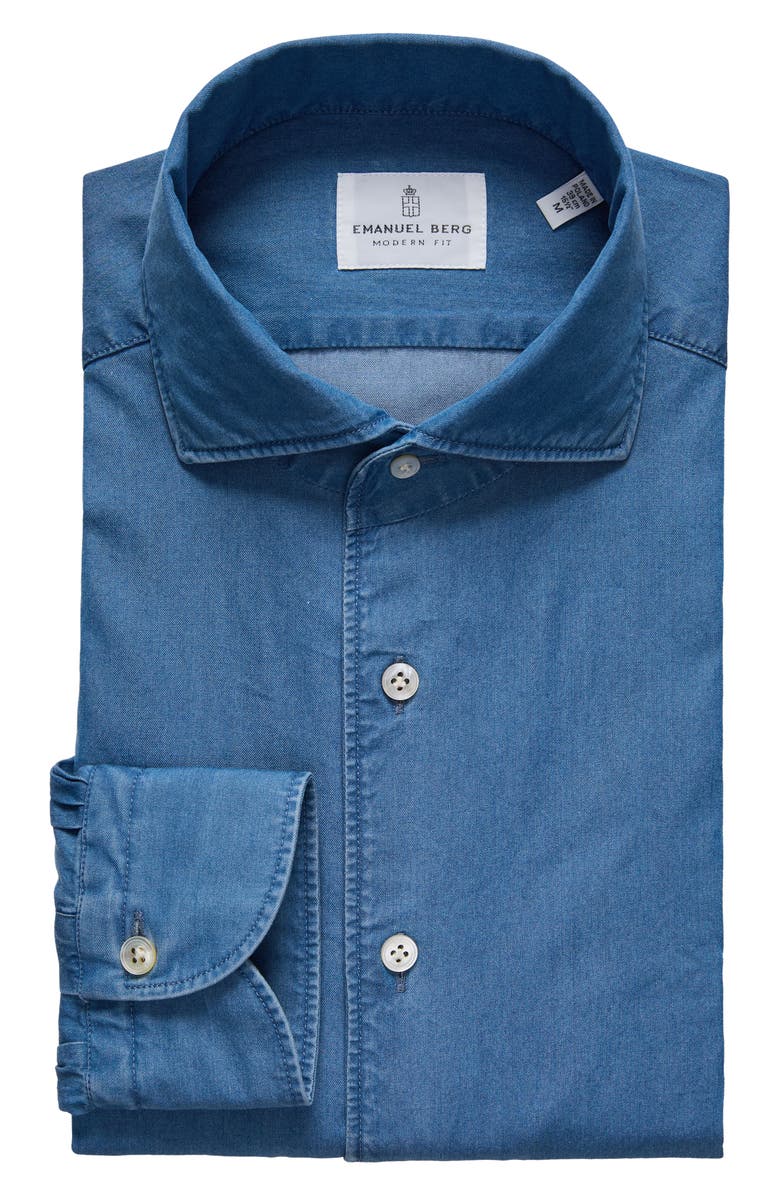 Emanuel Berg Modern Fit Luxe Denim Twill Button-Up Shirt, Alternate, color, Medium Blue