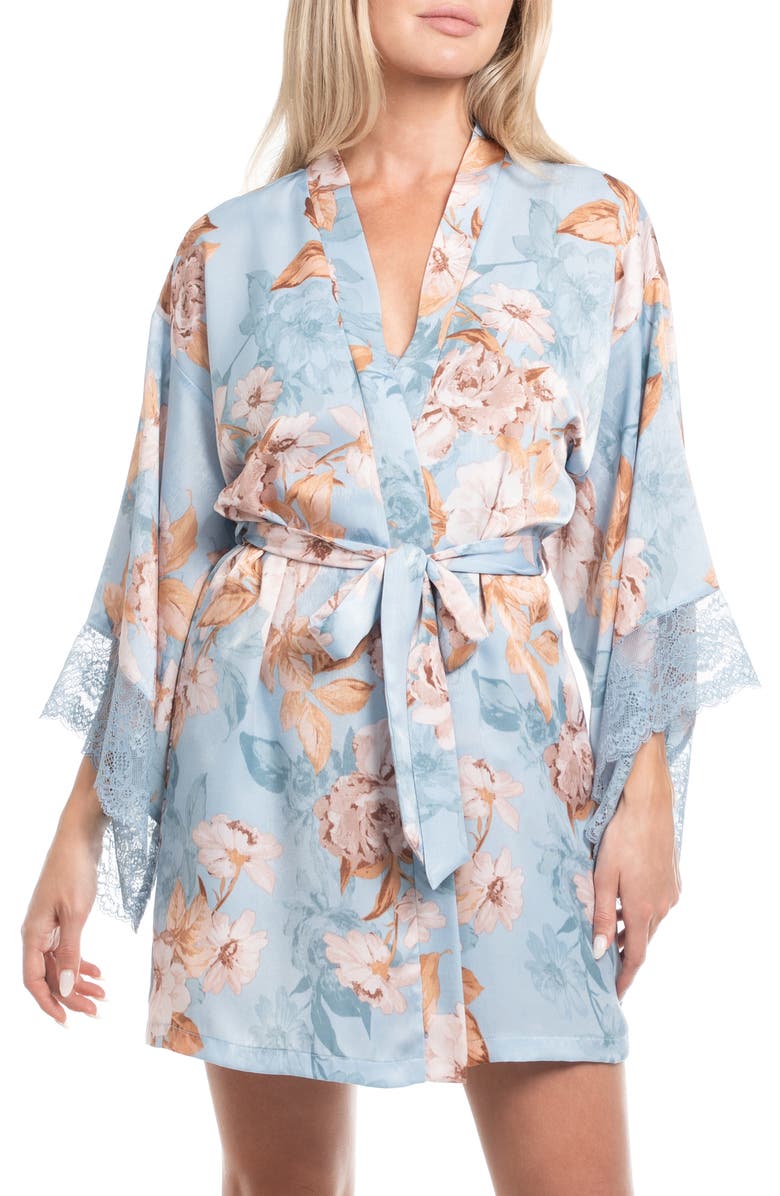 In Bloom by Jonquil Carlie Floral Lace Trim Satin Wrap, Main, color, Mineral Blue