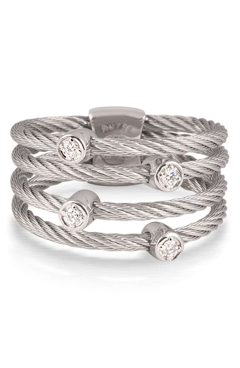 ALOR<sup>®</sup> 18K White Gold & Stainless Steel Diamond Twisted Cable Ring - 0.09 ctw., Main, color, Grey