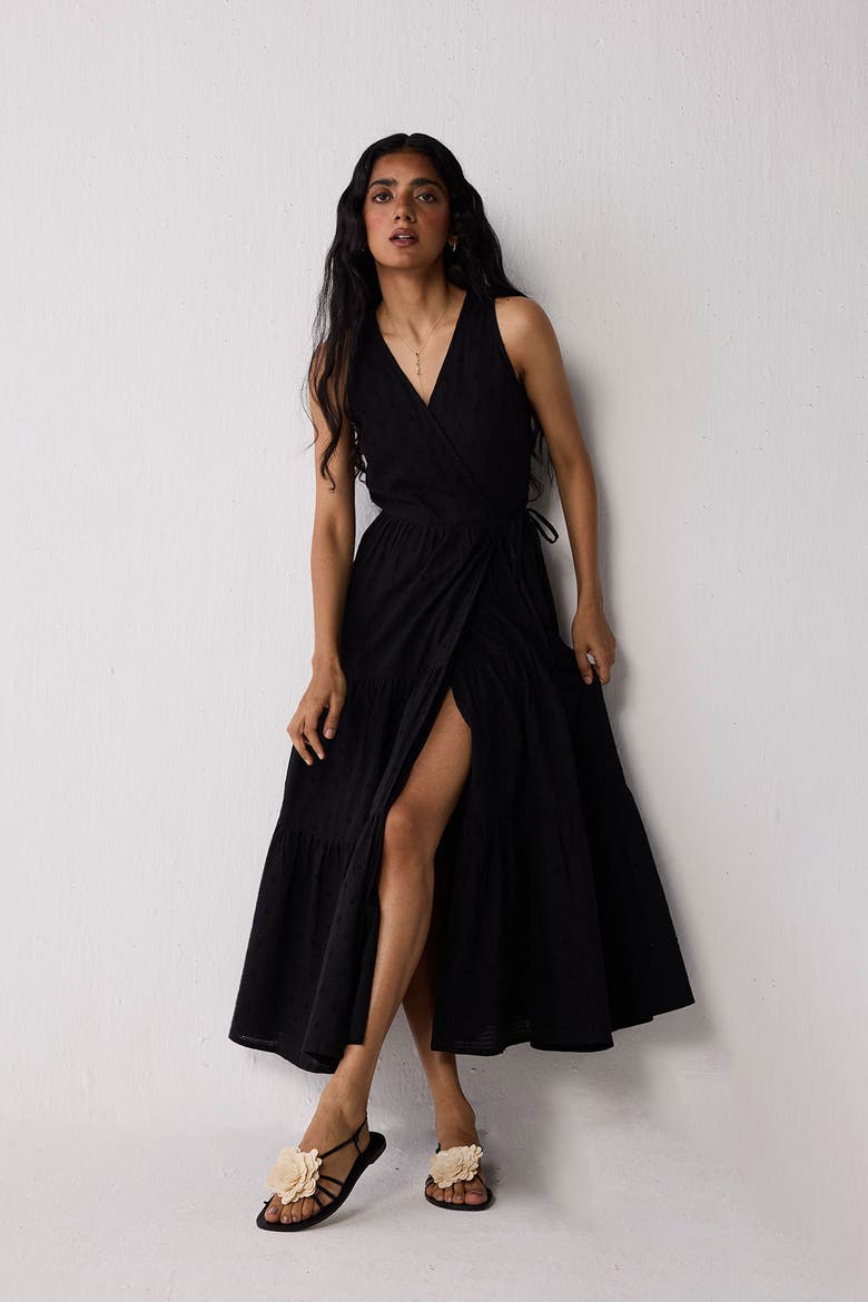 Sleeveless Embroidered Wrap Dress with Tiers, Alternate, color, Black