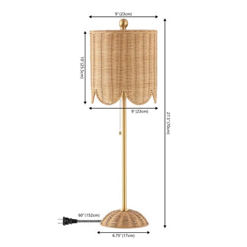 Jonathan Y Celerie 27.5" Coastal Bohemian Rattan/iron Scalloped Buffet Led Table Lamp With Pull Chai In Natural/brass Gold