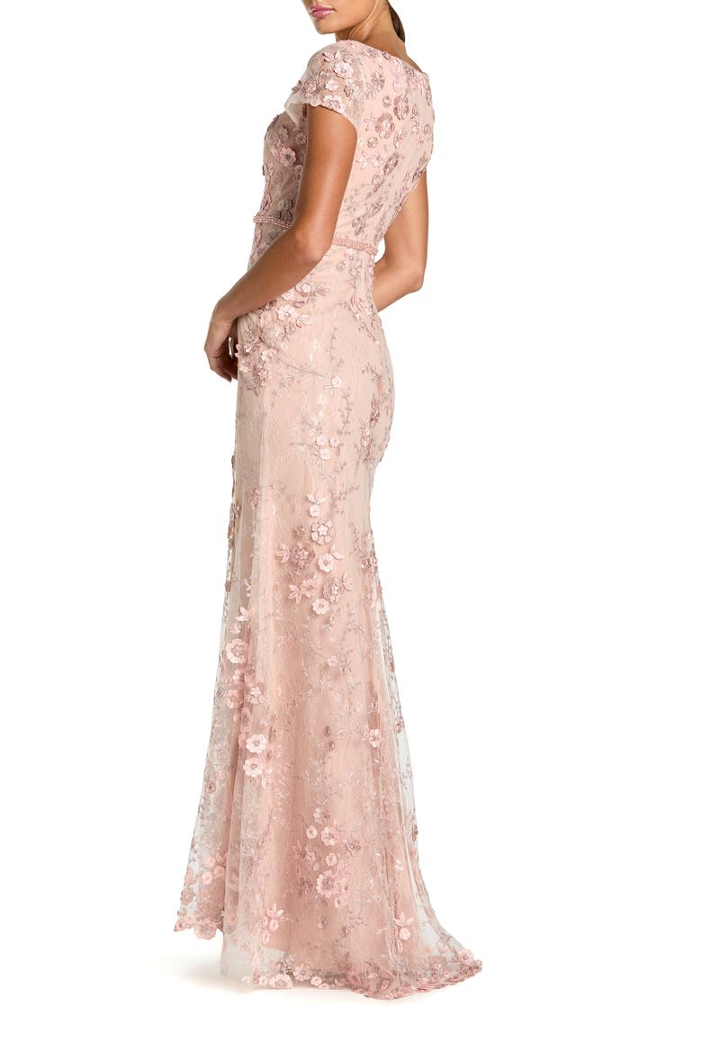 Floral Applique Boat Neck Cap Sleeve Gown, Alternate, color, Blush