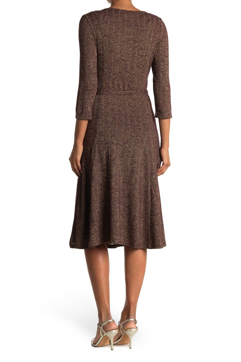 Three-Quarter Sleeve A-Line Metallic Ribbed Midi Dress, Alternate, color, WINE/GOLD