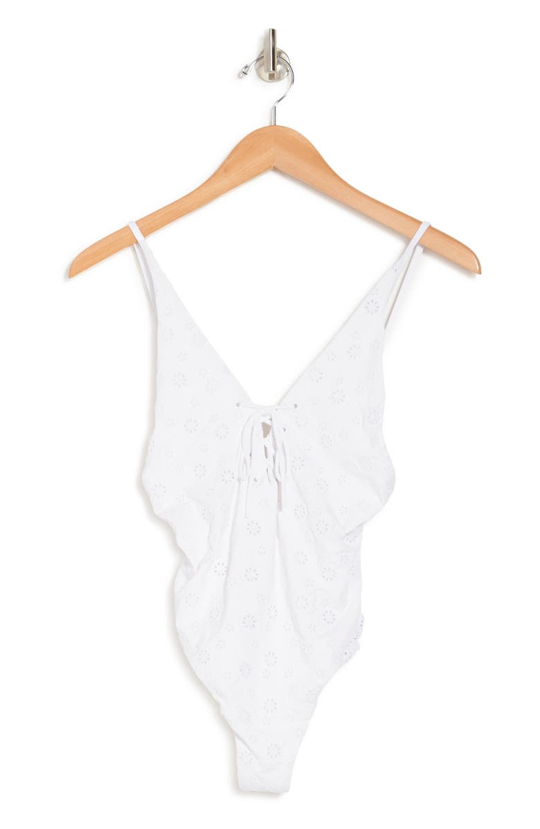 bond-eye BOUND BY BOND-EYE Eyelet Lace-Up One-Piece Swimsuit, Alternate, color,