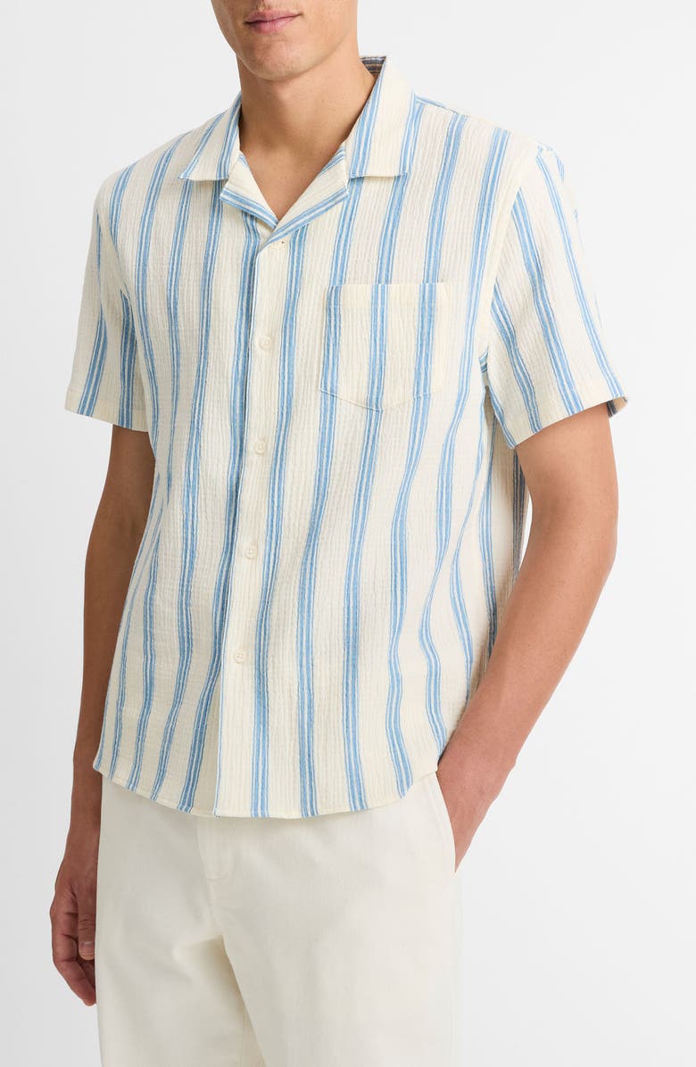 Vince Cabana Stripe Stretch Cotton Camp Shirt, Alternate, color, Blanco/Cabo Blue