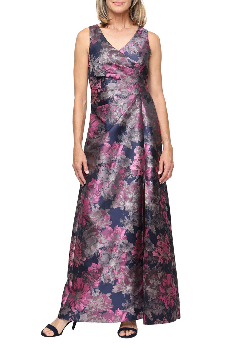 Floral Jacquard Gown with Jacket, Alternate, color, NAVY/ PINK