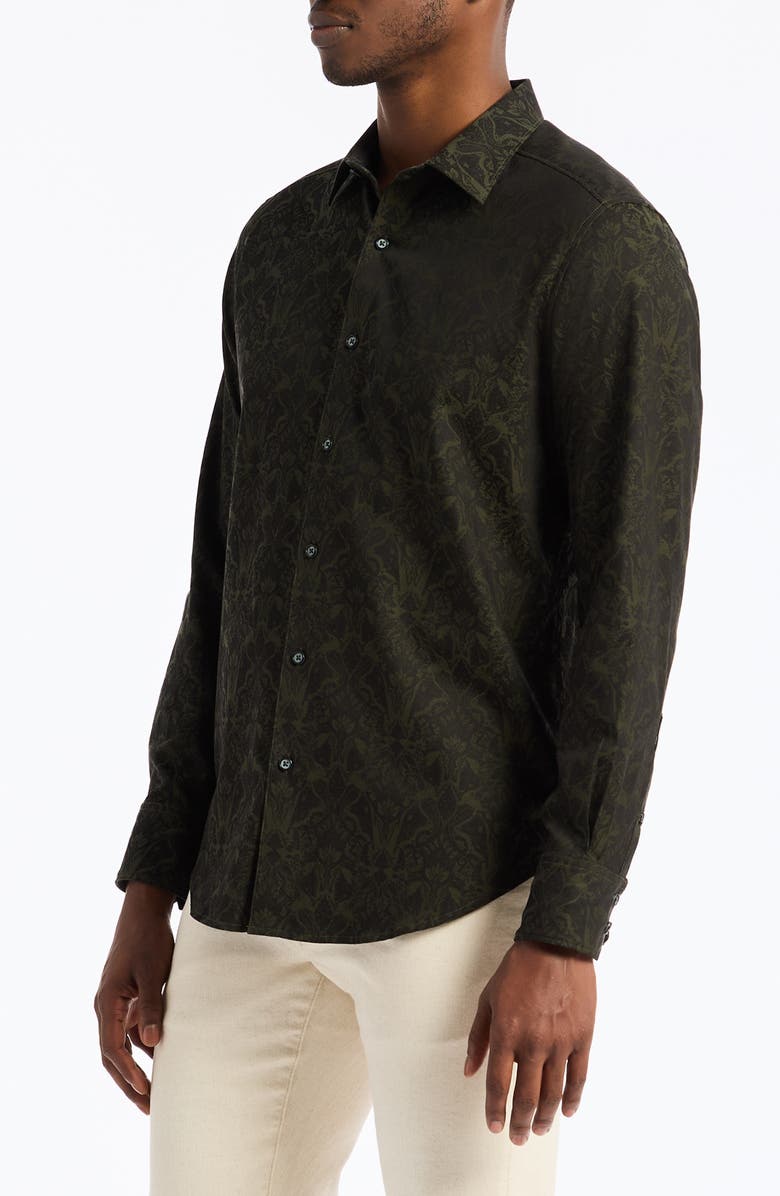 Robert Graham Highland Damask Pattern Stretch Cotton Button-Up Shirt, Alternate, color, Olive