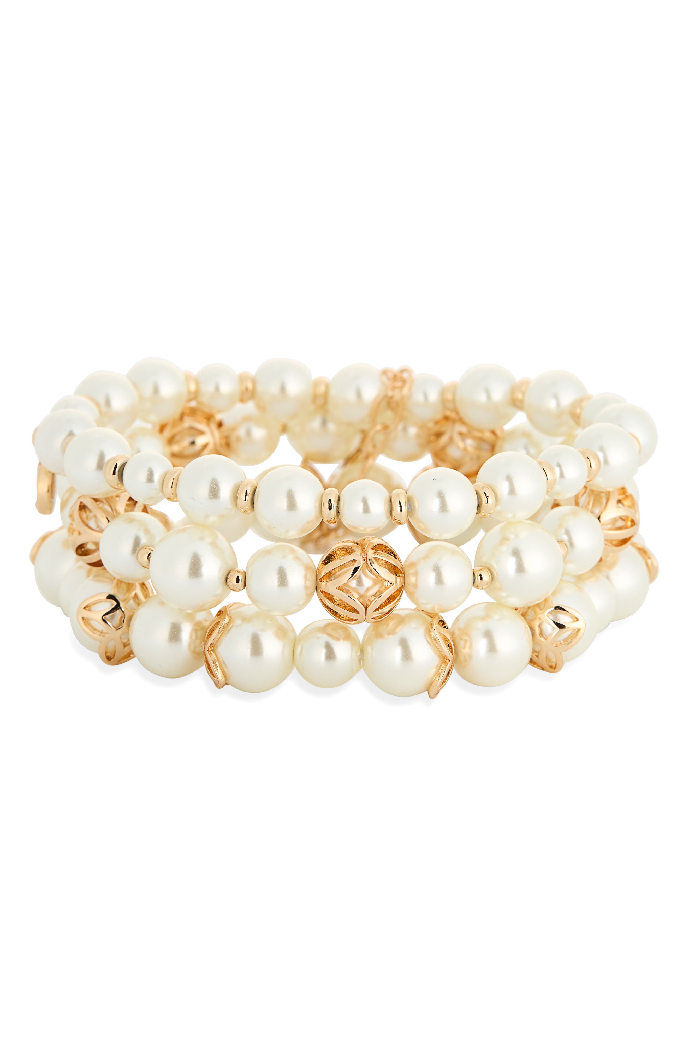 Anne Klein Caged Faux Pearl Triple Row Stretch Bracelet