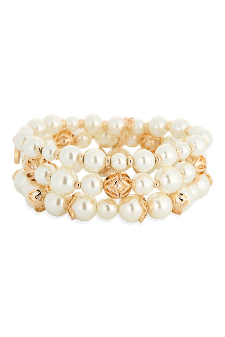 Caged Faux Pearl Triple Row Stretch Bracelet, Main, color, WHITE