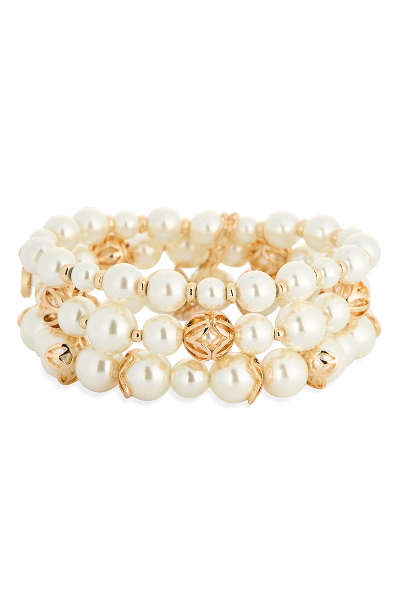Anne Klein Caged Faux Pearl Triple Row Stretch Bracelet, Main, color, White