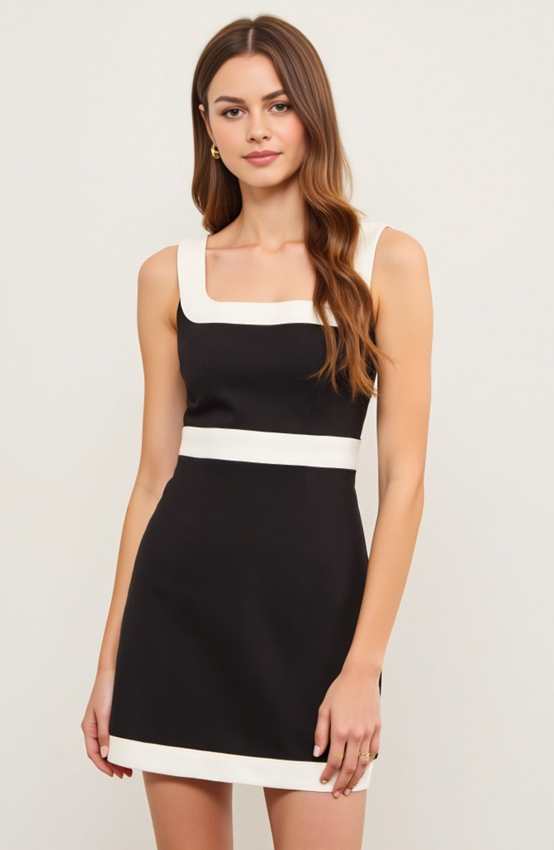 Modenaire Sleeveless Mini Dress with Contrast Trim and Square Neckline, Main, color, Black / White