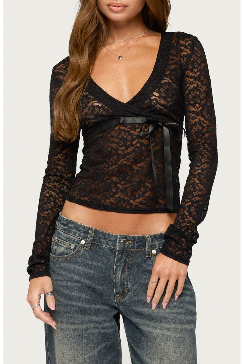 Zanda Sheer Lace Long Sleeve Top, Main, color, BLACK