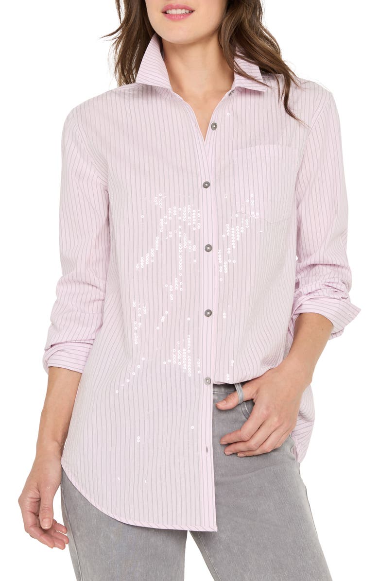 NIC+ZOE Subtle Shine Sequin Stripe Button-Up Shirt, Main, color, Pink Multi