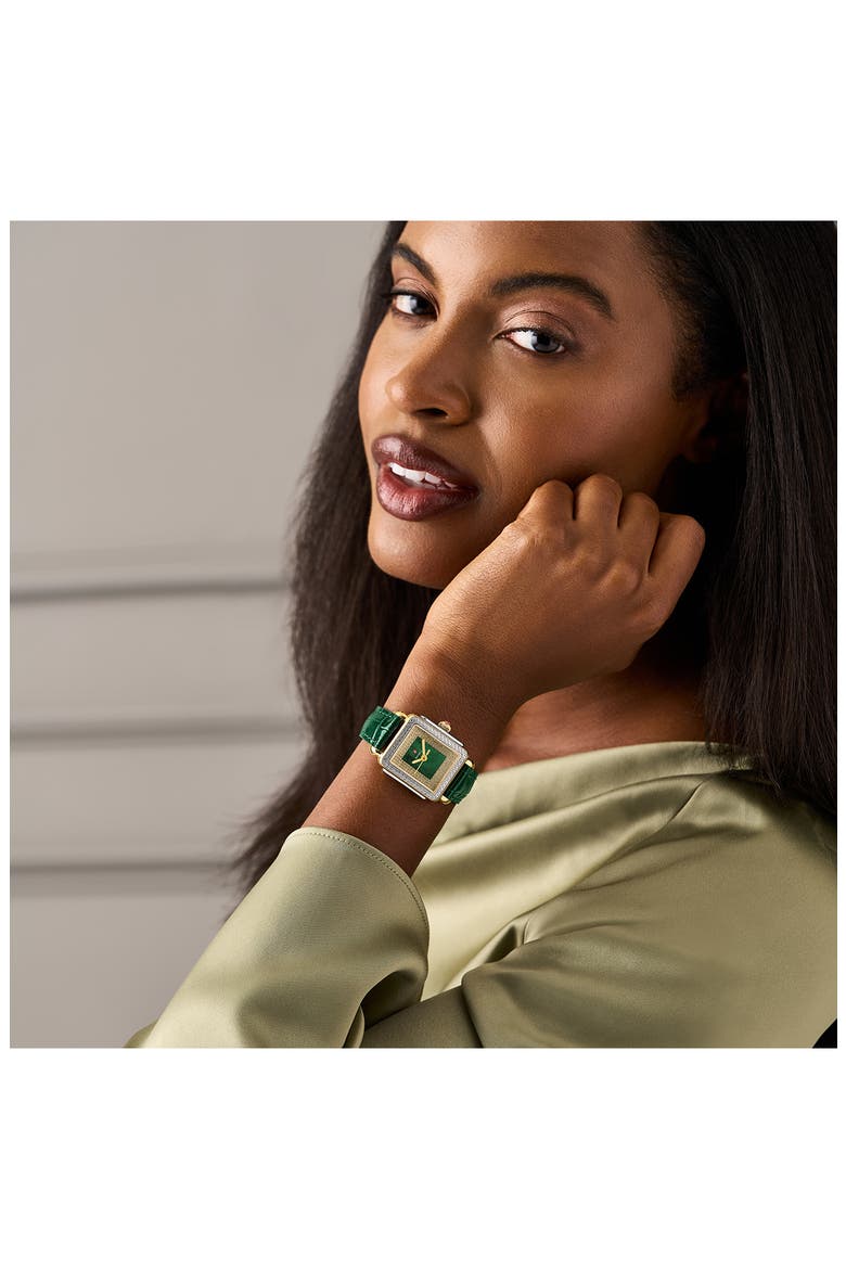 Mid Deco Madison Special Edition Two-Tone 18K Gold Plate Diamond Leather Strap Watch, 29mm x 31mm, Alternate, color, TWO-TONE / GREEN