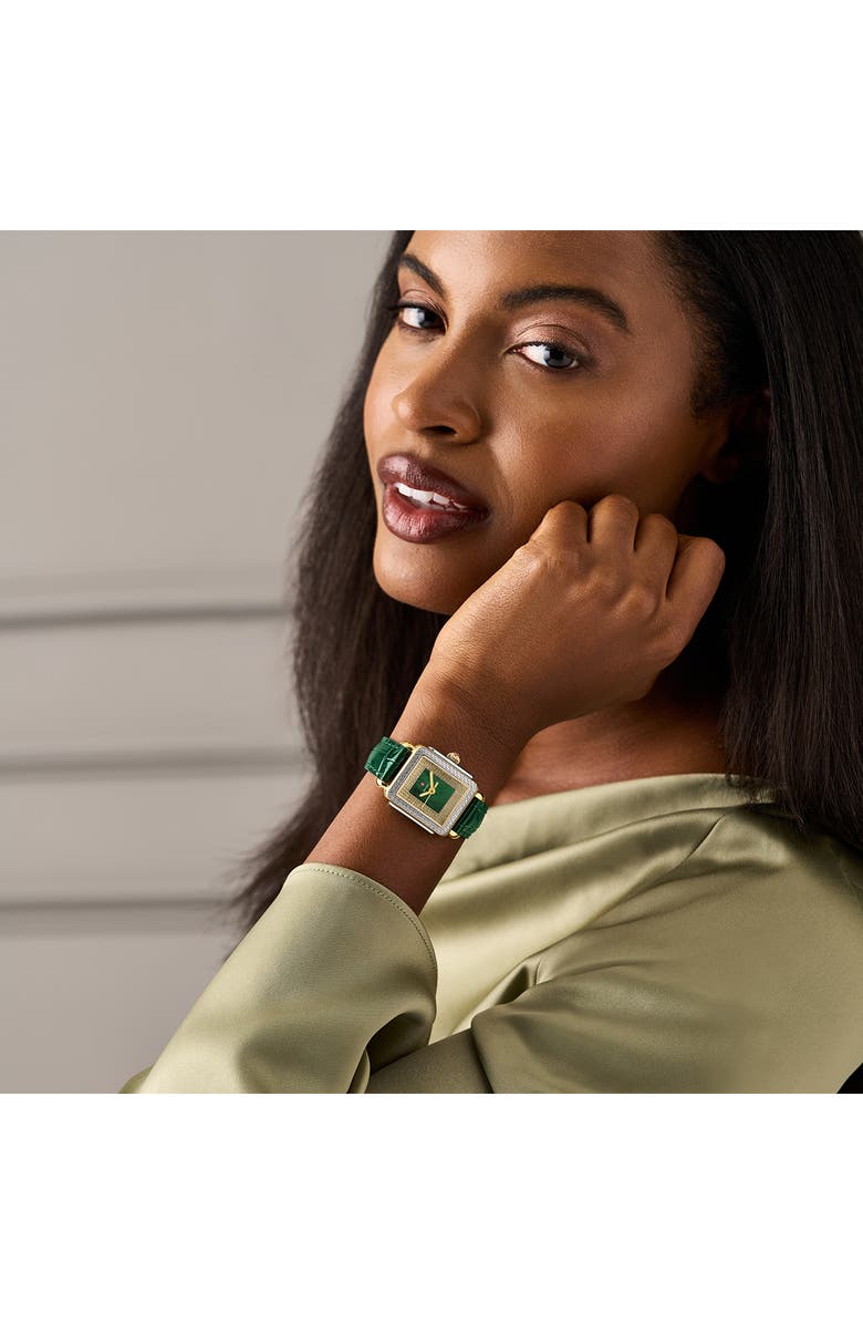 MICHELE Mid Deco Madison Special Edition Two-Tone 18K Gold Plate Diamond Leather Strap Watch, 29mm x 31mm, Alternate, color, Two-Tone / Green