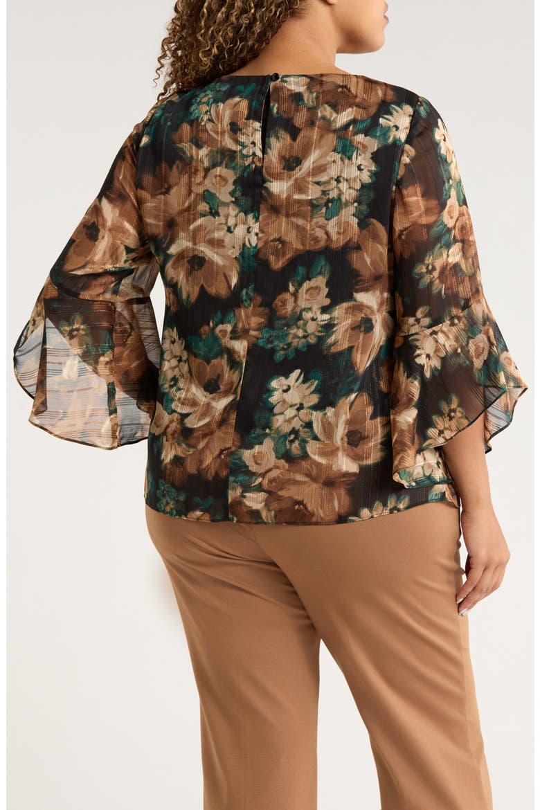 Metallic Floral Ruffle Sleeve Top, Alternate, color, EVERGREEN MULTI
