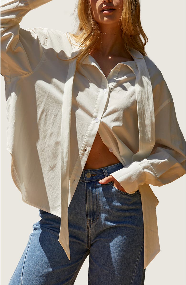 CRESCENT Neck Tie Button Up Blouse, Main, color,