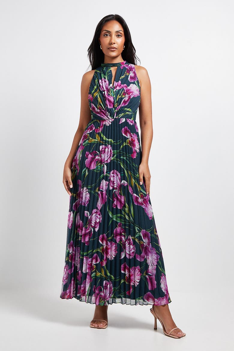 Petite Floral Print Pleated Maxi Dress, Main, color, Green