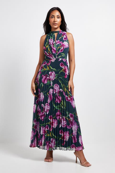 Petite Floral Print Pleated Maxi Dress