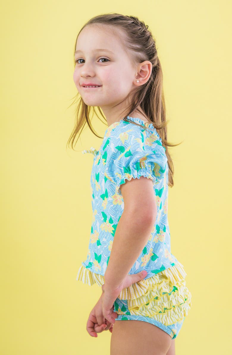 RuffleButts Kids' Blooming Basket Puff Sleeve Ruffle Two-Piece Swimsuit, Alternate, color, Blue