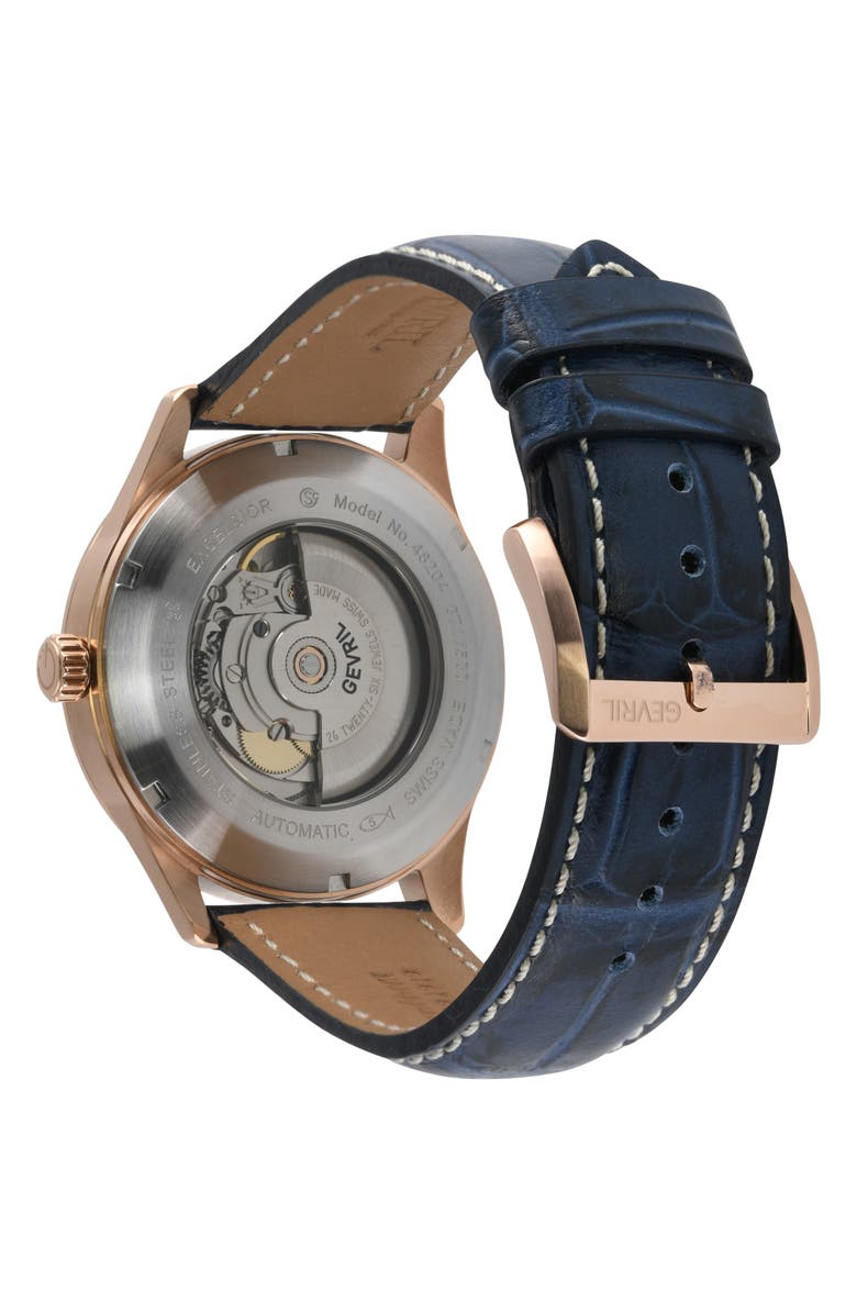 GEVRIL Excelsior Croc Embossed Leather Strap Watch, 42mm, Alternate, color, Blue