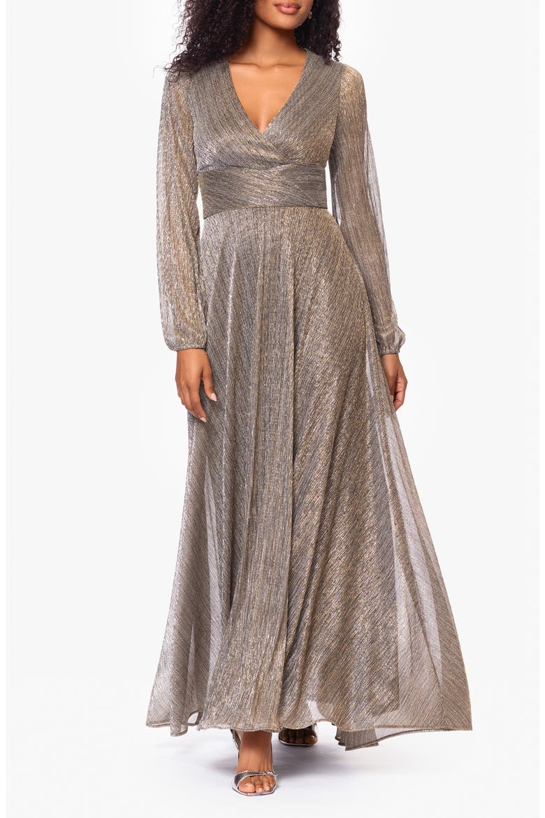 Metallic Wrap Bodice Long Sleeve Gown, Main, color, MOCHA/GOLD