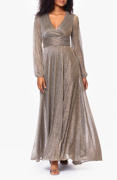 Metallic Wrap Bodice Long Sleeve Gown