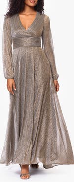 Betsy & Adam Metallic Wrap Bodice Long Sleeve Gown