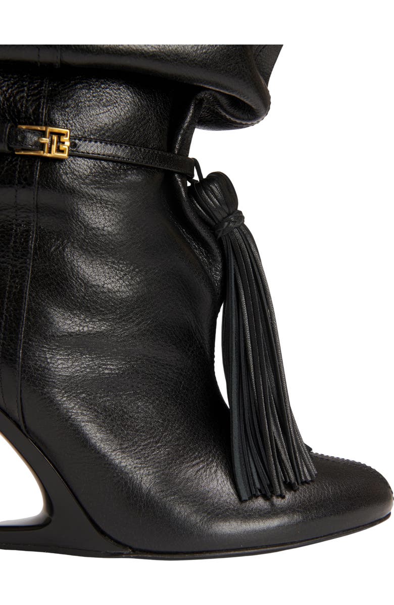Balmain No Wedge textured leather thigh-high boots with tassel, Alternate, color, Black