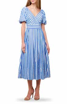 FLYING TOMATO Puff Sleeve Stripe Midi Dress