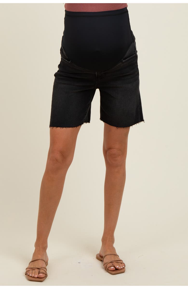 PinkBlush Raw Cut Hem Mid Length Maternity Denim Shorts, Alternate, color, Black