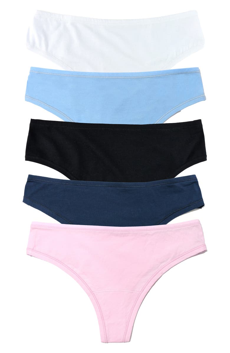 Hanky Panky PlayStretch<sup>™</sup> Assorted 5-Pack Natural Rise Thongs, Main, color, Blac/Whit/Bateau/Meadow/Cloud