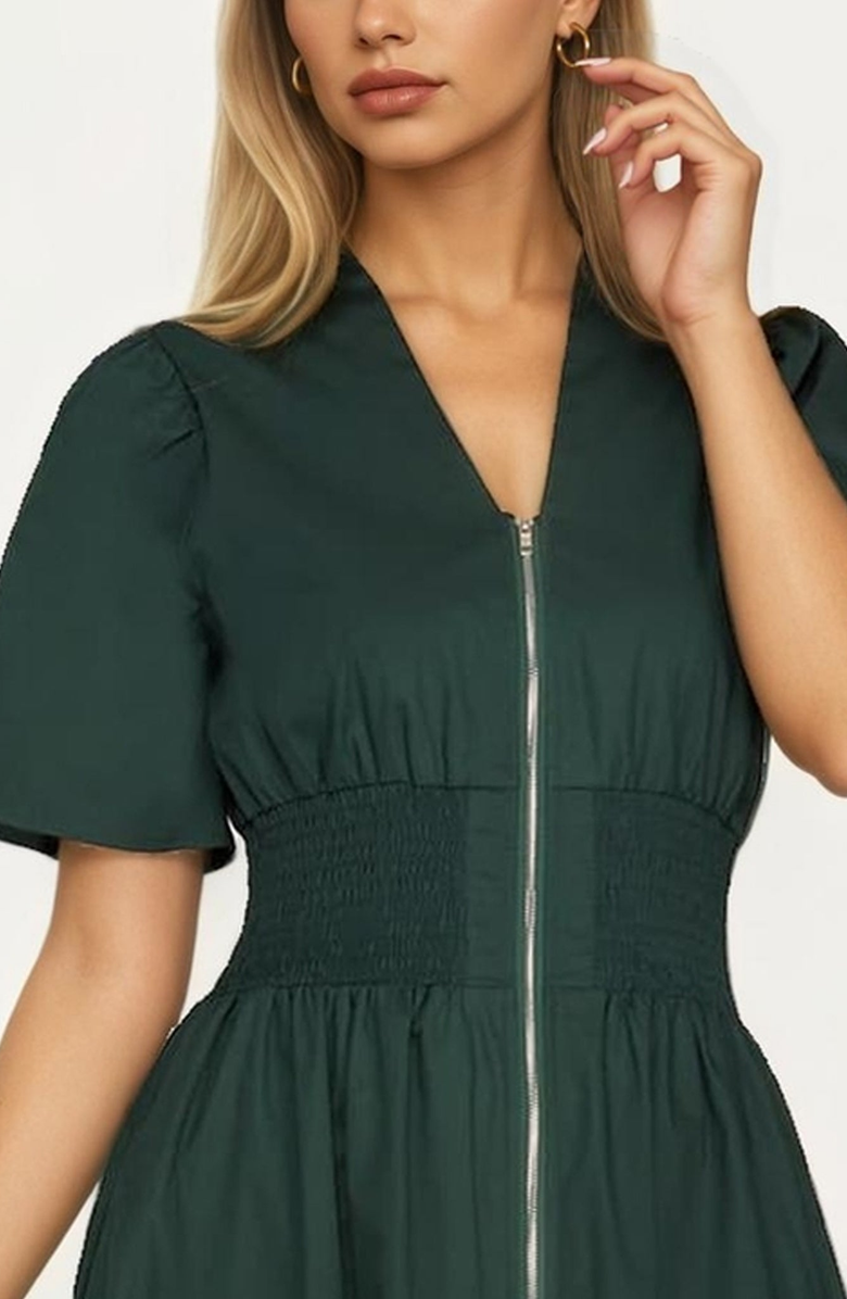 Knit and Lounge Zip-Front Smocked Waist Short Sleeve Midi Dress, Alternate, color, Green