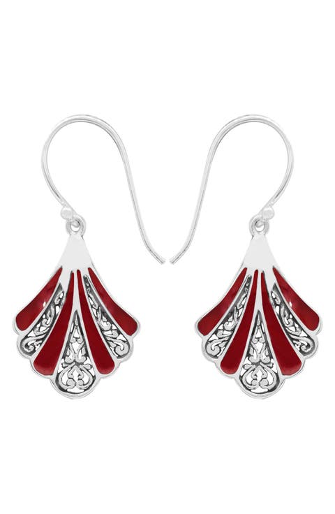 Sterling Silver Red Coral Fan Drop Earrings