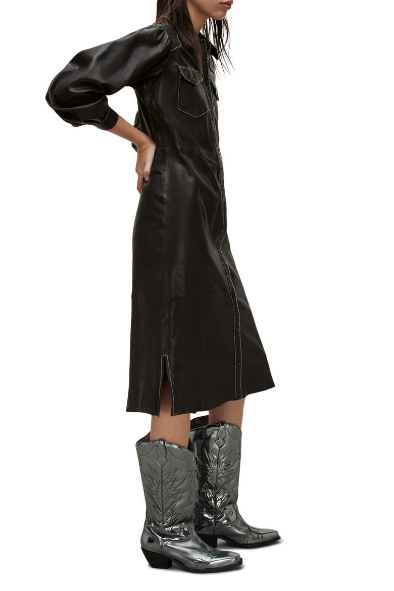 Ava Long Sleeve Leather Shirtdress, Alternate, color, BLACK