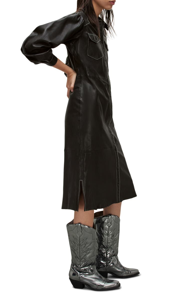 AllSaints Ava Long Sleeve Leather Shirtdress, Alternate, color,