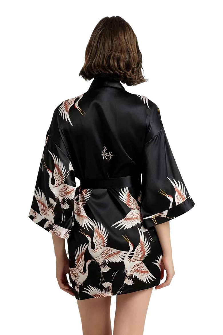 19Momme Pure Silk Printed Short Robe, Alternate, color, Black