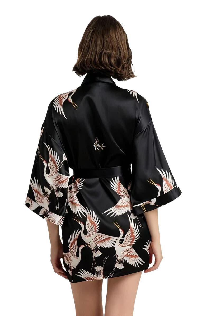 SILKSILKY 19Momme Pure Silk Printed Short Robe, Alternate, color, Black