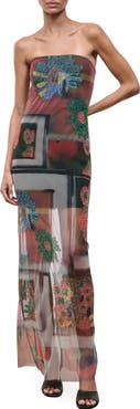 STAUD Lilian Floral Bead Detail Strapless Mesh Maxi Dress