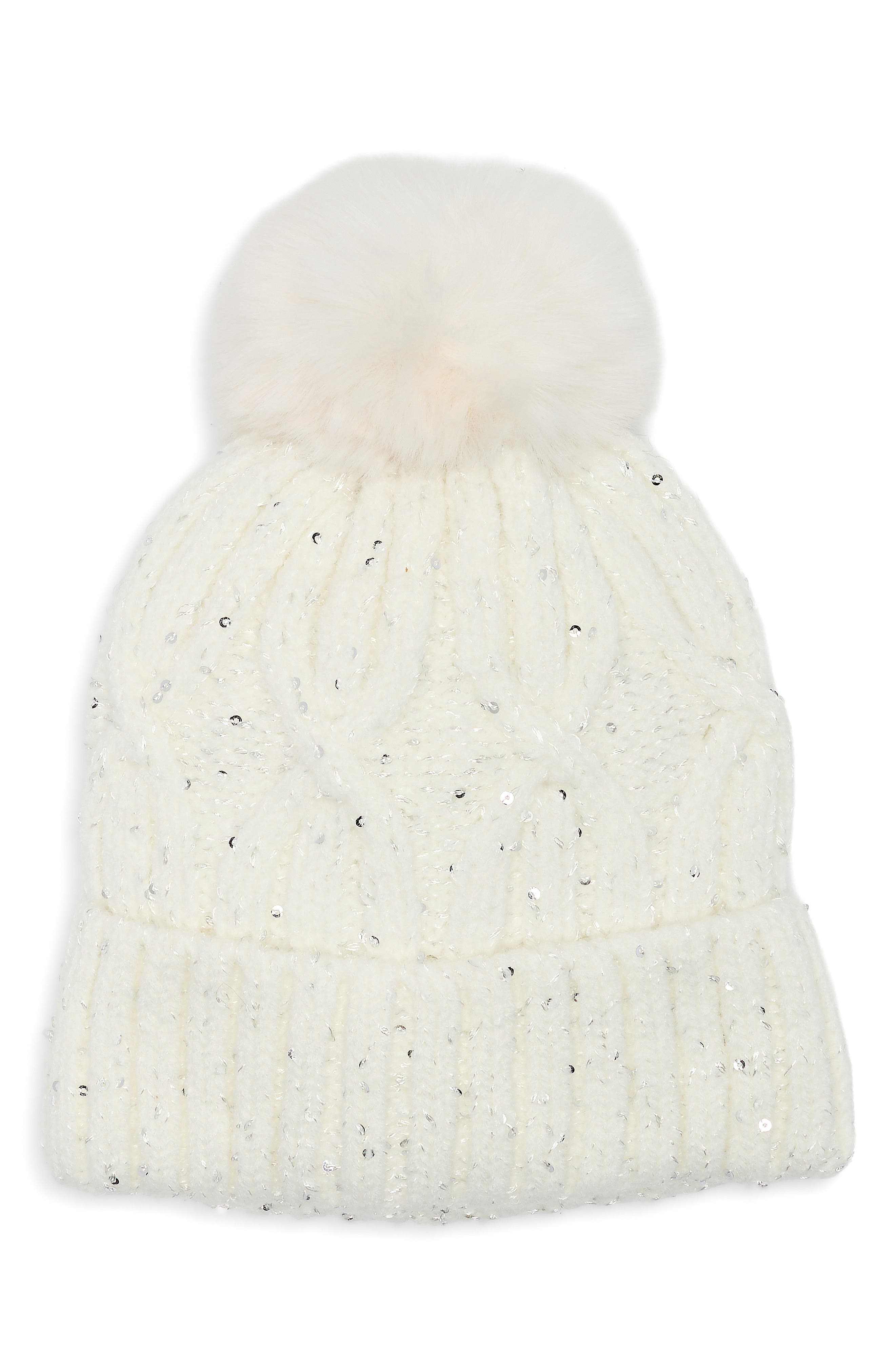 Sequin Cable Knit Pom Beanie
