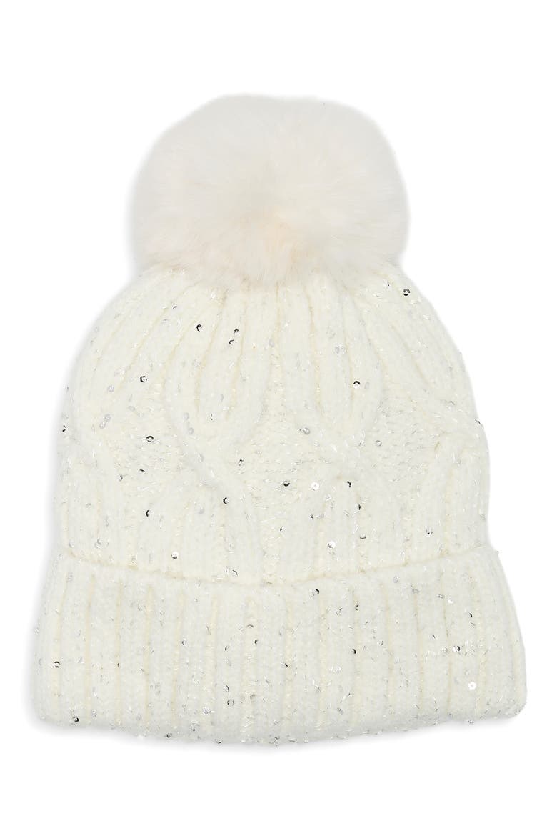Sequin Cable Knit Pom Beanie, Main, color, WHITE