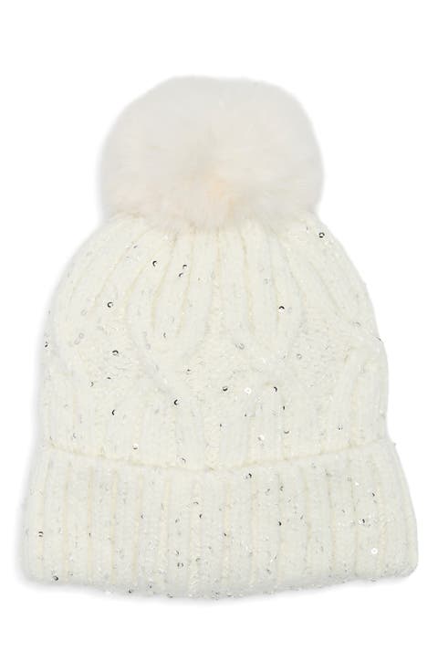 Sequin Cable Knit Pom Beanie