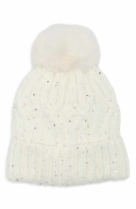 Sequin Cable Knit Pom Beanie