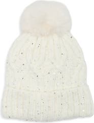 NATASHA Sequin Cable Knit Pom Beanie