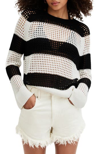 Allsaints Paloma Stripe Open Stitch Crewneck Sweater In Black/white